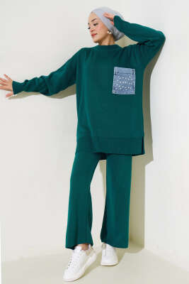 Kot Cepli İncili Triko İkili Takım Zümrüt - Triko İkili Takım