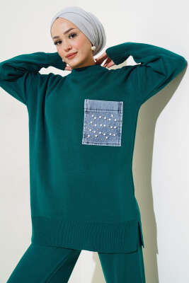 Kot Cepli İncili Triko İkili Takım Zümrüt - Triko İkili Takım