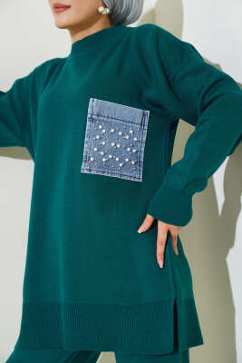 Kot Cepli İncili Triko İkili Takım Zümrüt - Triko İkili Takım