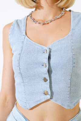 Kot Crop Yelek Buz Mavisi - Kadın Giyim Modelleri