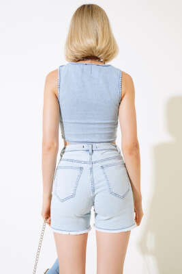 Kot Crop Yelek Buz Mavisi - Kadın Giyim Modelleri