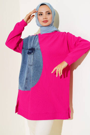Kot Detaylı Cepli Tunik Fuşya - Tunik