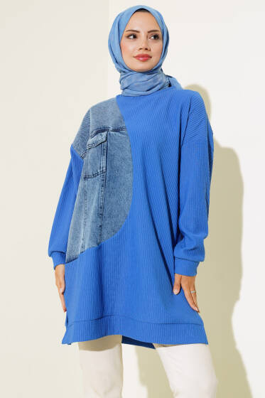 Kot Detaylı Cepli Tunik Saks - Tunik