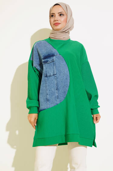 Kot Detaylı Cepli Tunik Yeşil - Tunik