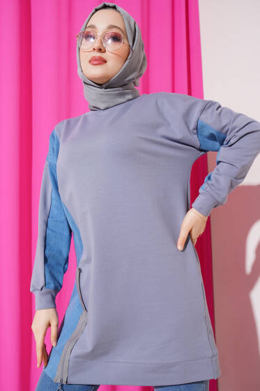 Kot Detaylı Fermuarlı Tunik Gri - Tunik