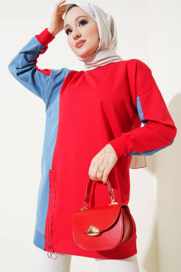 Kot Detaylı Fermuarlı Tunik Kırmızı - Tunik