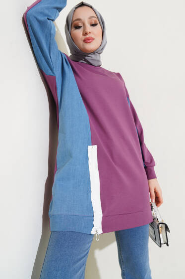Kot Detaylı Fermuarlı Tunik Magenta - Tunik