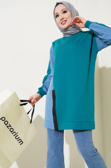 Kot Detaylı Fermuarlı Tunik Petrol - Tunik