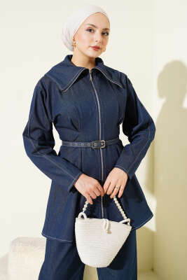 Kot Fermuarlı Pantolon Takım İndigo - İkili Takım