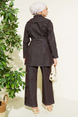 Kot Fermuarlı Pantolon Takım Kahve - İKİLİ TAKIM