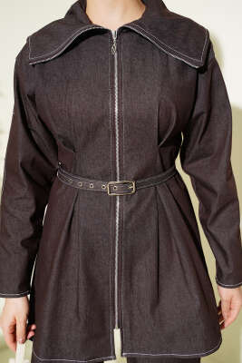 Kot Fermuarlı Pantolon Takım Kahve - İKİLİ TAKIM