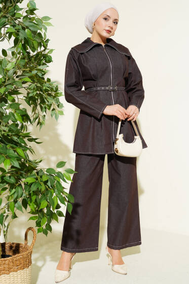 Kot Fermuarlı Pantolon Takım Kahve - İKİLİ TAKIM