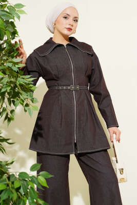 Kot Fermuarlı Pantolon Takım Kahve - İKİLİ TAKIM