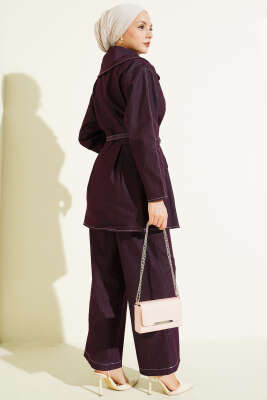 Kot Fermuarlı Pantolon Takım Mürdüm - İkili Takım