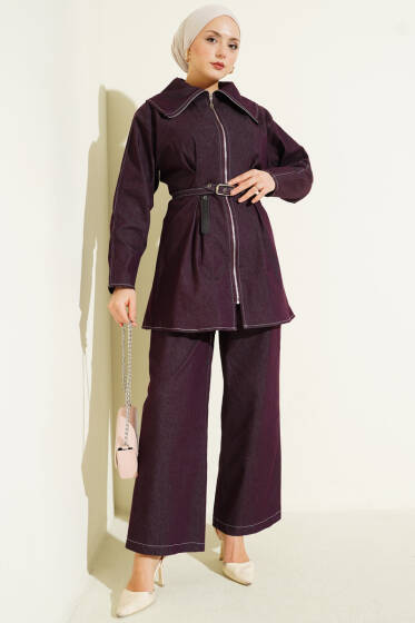 Kot Fermuarlı Pantolon Takım Mürdüm - İkili Takım