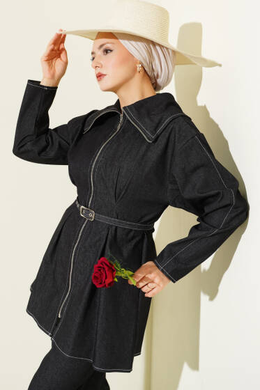 Kot Fermuarlı Pantolon Takım Siyah - İkili Takım