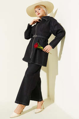 Kot Fermuarlı Pantolon Takım Siyah - İkili Takım