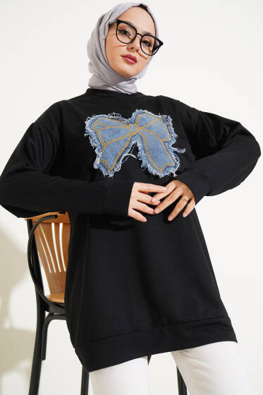 Kot Fiyonk Nakışlı Tunik Siyah Camel - Tunik