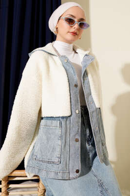 Kot Garnili Çıtçıtlı Peluş Ceket Ekru - TİLLE