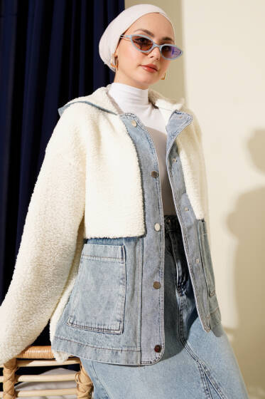 Kot Garnili Çıtçıtlı Peluş Ceket Ekru - Ceket