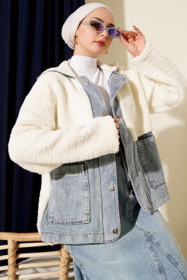 Kot Garnili Çıtçıtlı Peluş Ceket Ekru - Ceket