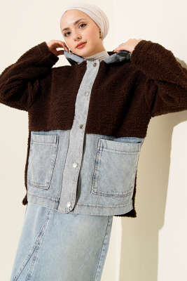 Kot Garnili Çıtçıtlı Peluş Ceket Kahve - Ceket