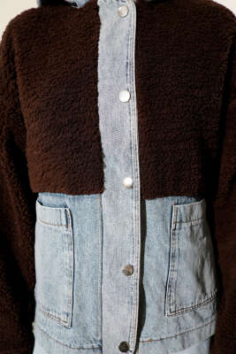 Kot Garnili Çıtçıtlı Peluş Ceket Kahve - Ceket