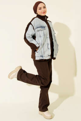 Kot Garnili Fermuarlı Peluş Ceket Kahve - Ceket