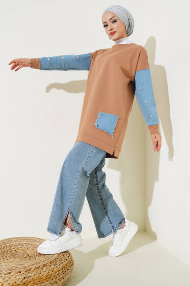 Kot Garnili İncili Tunik Camel - Tunik