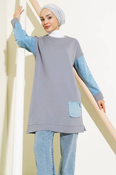 Kot Garnili İncili Tunik Kayrak Grisi - Tunik