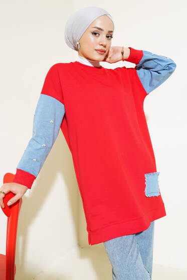 Kot Garnili İncili Tunik Kırmızı - Tunik