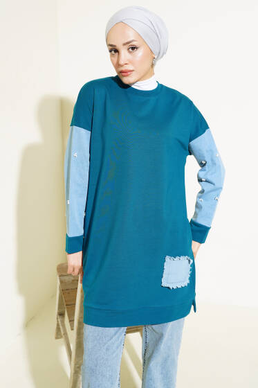 Kot Garnili İncili Tunik Petrol - Tunik