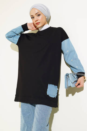 Kot Garnili İncili Tunik Siyah - Tunik
