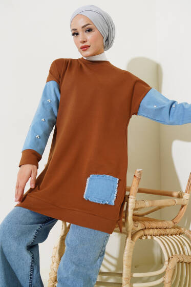 Kot Garnili İncili Tunik Taba - Tunik