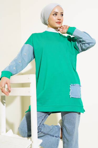 Kot Garnili İncili Tunik Yeşil - Tunik