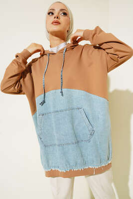 Kot Garnili Kapüşonlu Tunik Camel - Tunik