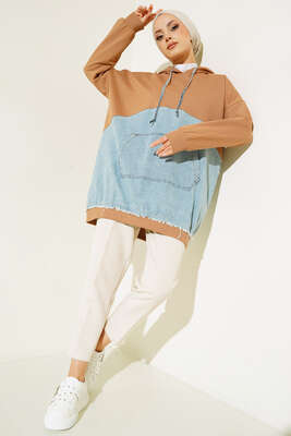 Kot Garnili Kapüşonlu Tunik Camel - Tunik