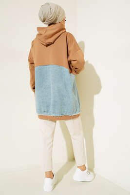 Kot Garnili Kapüşonlu Tunik Camel - Tunik