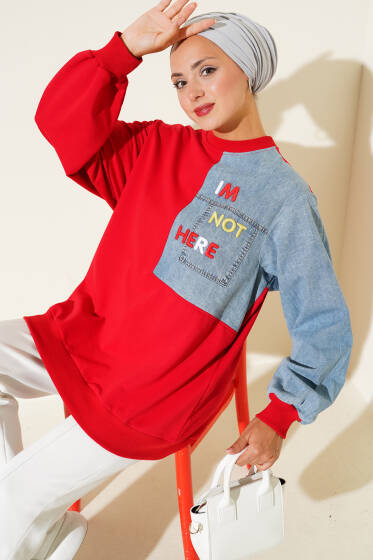Kot Garnili Nakış Detaylı Tunik Kırmızı - Tunik