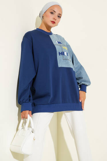 Kot Garnili Nakış Detaylı Tunik Lacivert - Tunik