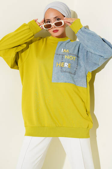 Kot Garnili Nakış Detaylı Tunik Yağ Yeşili - Tunik