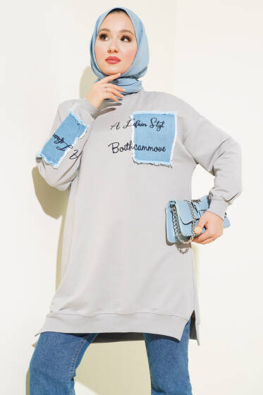 Kot Garnili Nakışlı Tunik Kayrak Grisi - Tunik