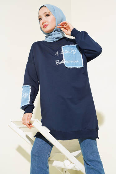 Kot Garnili Nakışlı Tunik Lacivert - Tunik