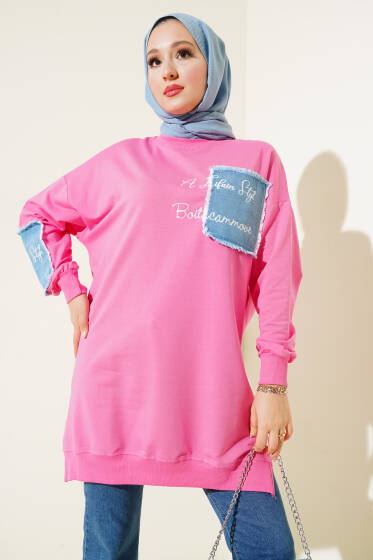 Kot Garnili Nakışlı Tunik Pembe - Tunik