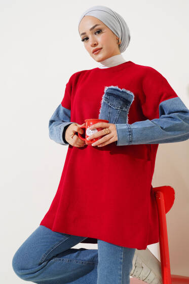 Kot Garnili Triko Tunik Kırmızı - Tunik