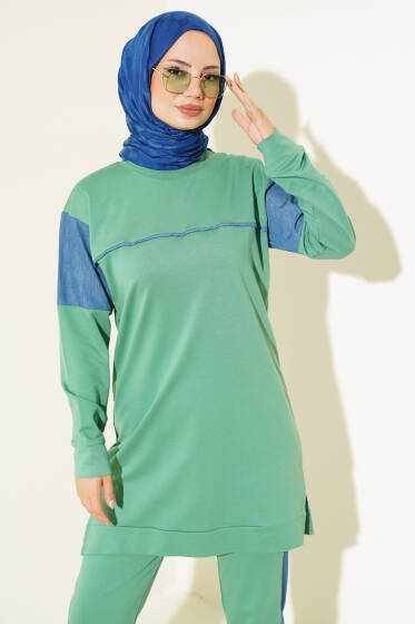 Kot Garnili Tunik İkili Takım Çağla Yeşili - İKİLİ TAKIM