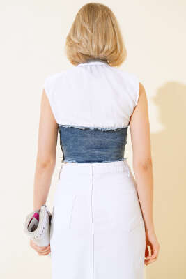Kot Garnili Vatkalı Crop Beyaz - Yılın Fırsatı
