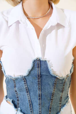 Kot Garnili Vatkalı Crop Beyaz - Yılın Fırsatı