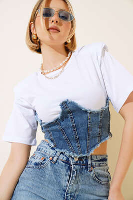 Kot Garnili Vatkalı T-shirt Beyaz - Kadın Giyim Modelleri
