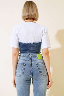 Kot Garnili Vatkalı T-shirt Beyaz - Kadın Giyim Modelleri